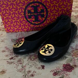 Tory Burch Black Flats with Gold Emblem